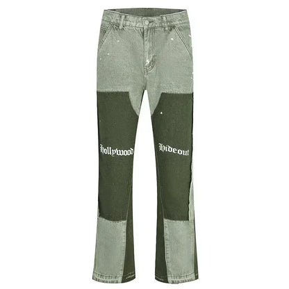 European and American high street men's washed jeans retro personalized straight-leg splicing flared pants trendy denim trousers