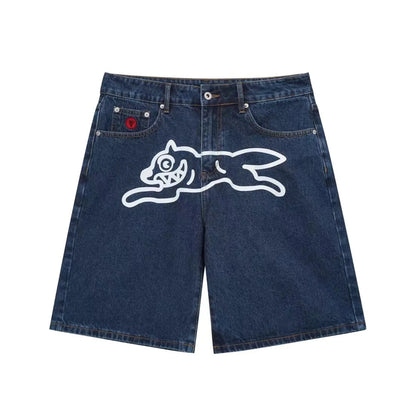Top quality Icecream Jeans Men Trendy Elastic Edged Middle Pants Running Dog Embroidery Washed Denim Shorts Brands Pants