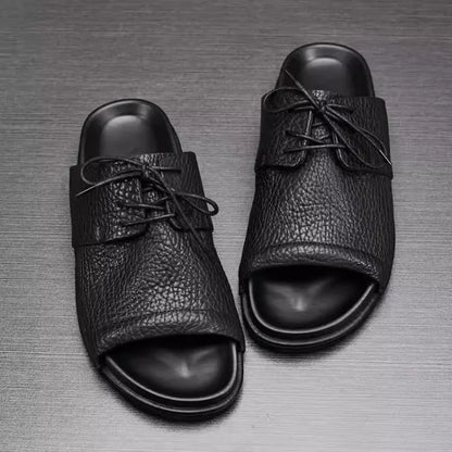 Summer Fashion Mens Lace Up Open Toe Cowhide Genuine Leather Slippers Casual Outside Beach Shoes Rome Flats Soft Platform Slides