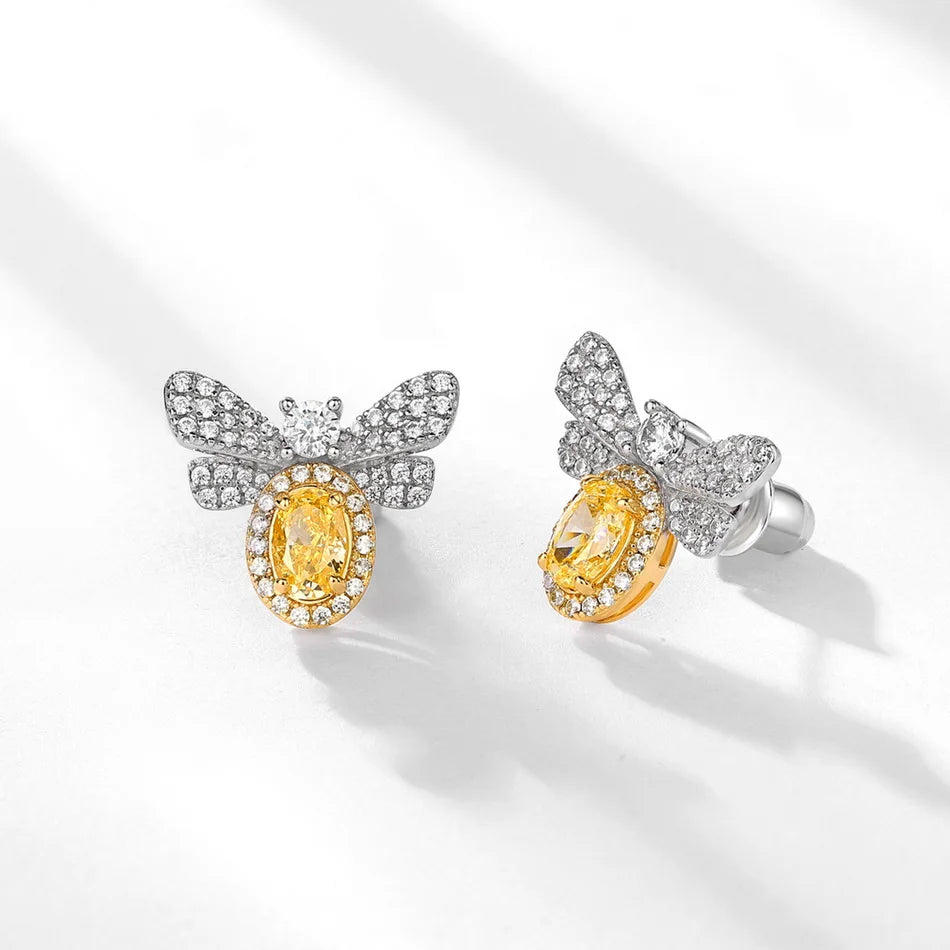 ALLNOEL 925 Sterling Silver Stud Earrings For Women Oval 4*6mm Yellow High Carbon Diamond Bee Jewelry Wedding Gift Wholesale