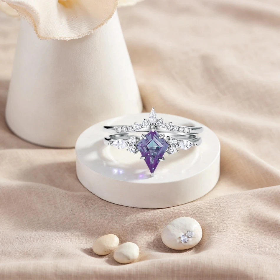 ALLNOEL Kite Cut 0.91ct Alexandrite 925 Silver Ring For Women Wedding Bridal Set Jewelry June Birthstone Birthday Gift Wholesale