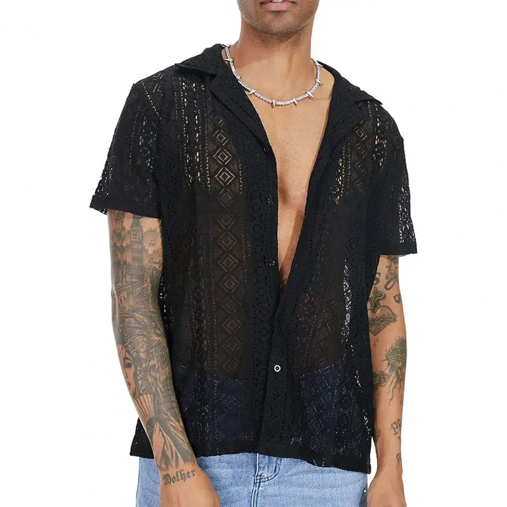 Summer Men Shirt Solid Color Hollow Out Lapel Short Sleeves Single-breasted Men Top Loose Mid-length Lace Male T-shirt