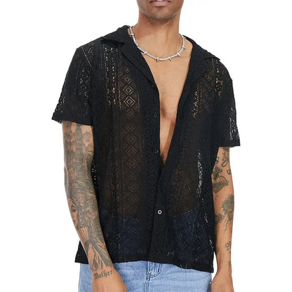 Summer Men Shirt Solid Color Hollow Out Lapel Short Sleeves Single-breasted Men Top Loose Mid-length Lace Male T-shirt