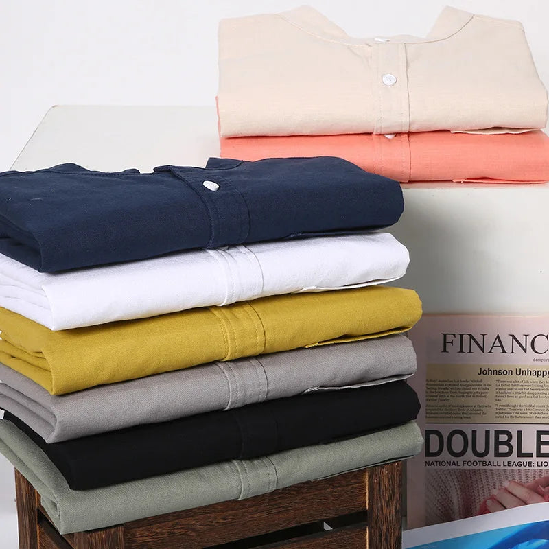 Japanese Mens Linen Cotton Thin Shirt Harajuku Stand Collar Long Sleeve Solid Color Shirts Male Casual Breathable Classical Tops
