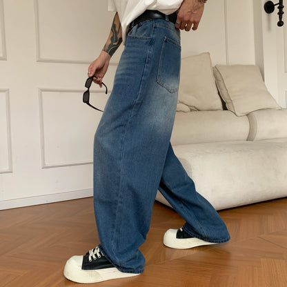 Summer Men's Denim Pants Old Blue Washed Male Baggy Jeans Four Seasons Straight Casual Menwear Loose Wide Leg Trousers Fashion
