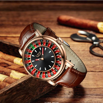 LIGE Fashion Leather Men Lucky Watch Rotating Dial Las Vegas Roulette Desktop Lucky Watch Men Waterproof Luminous Clock Watches