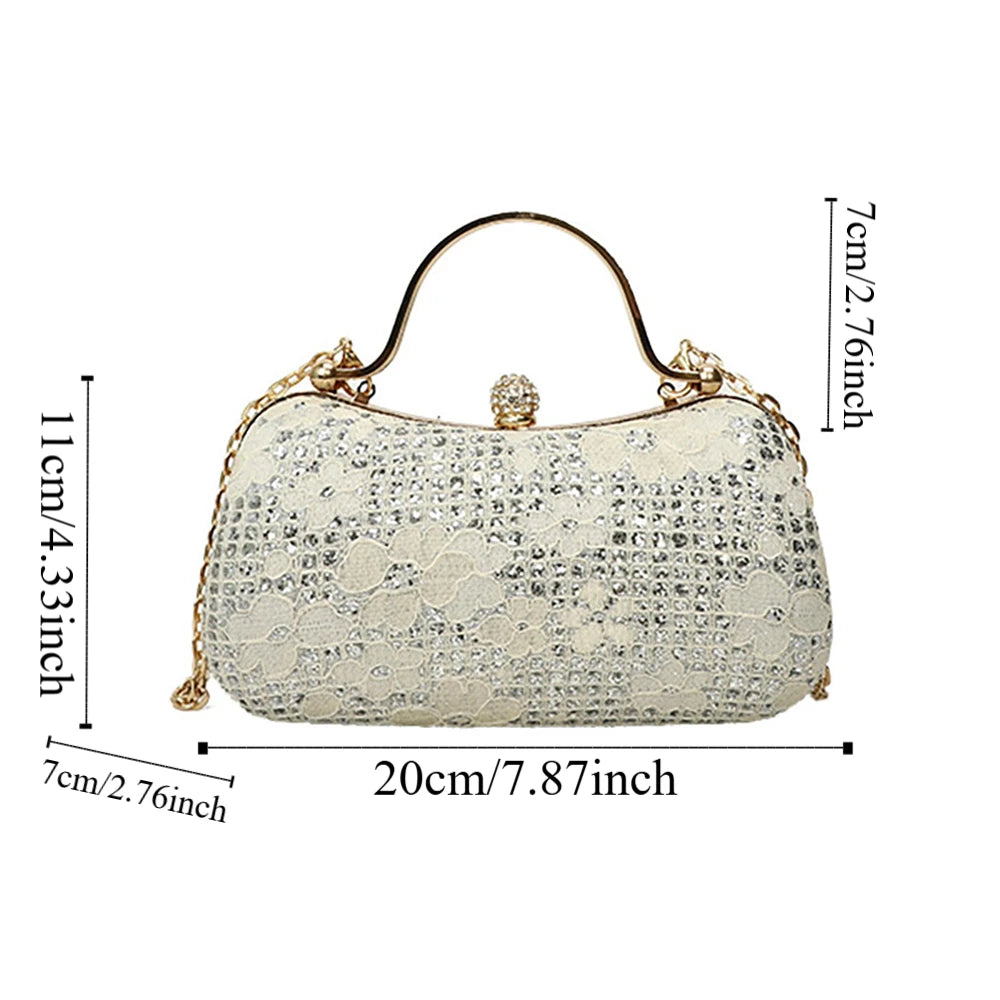 Elegant Luxury Evening Banquet Bag Shiny Flower Ladies Clutch Bag Rhinestone Metal Top Handle Chain Crossbody Bag Party