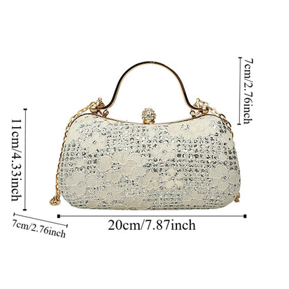 Elegant Luxury Evening Banquet Bag Shiny Flower Ladies Clutch Bag Rhinestone Metal Top Handle Chain Crossbody Bag Party