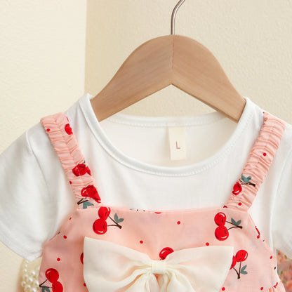 Baby Girl Dresses Summer Cherry Print Bow Short Sleeve Girls Dresses Cute Girls Casual Dresses
