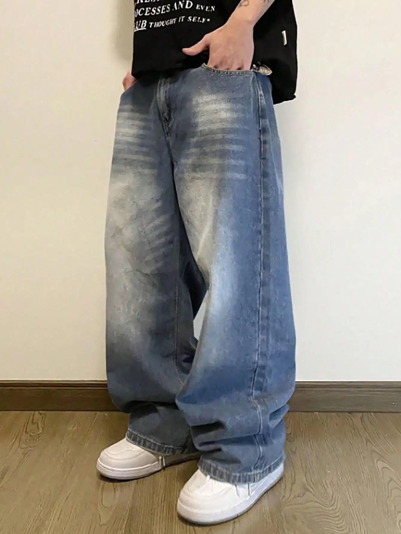 Summer Men's Denim Pants Old Blue Washed Male Baggy Jeans Four Seasons Straight Casual Menwear Loose Wide Leg Trousers Fashion
