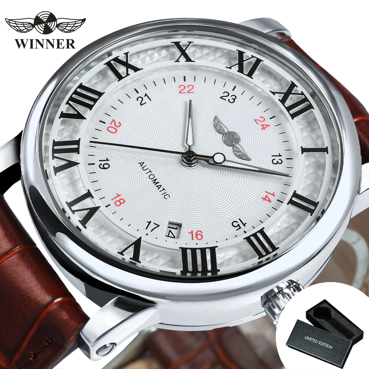 WINNER Automatic Watches Men Brand Luxury Simple Mechanical White Dial Leather Strap Calendar Clock Minimalist Wristwatches
