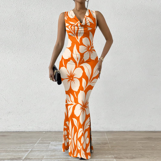 Tropical Floral Print Cowl Neck Maxi Dress for Women 2025 - Bold & Colorful Summer Dress for Parties, Vacation, XS-2XL
