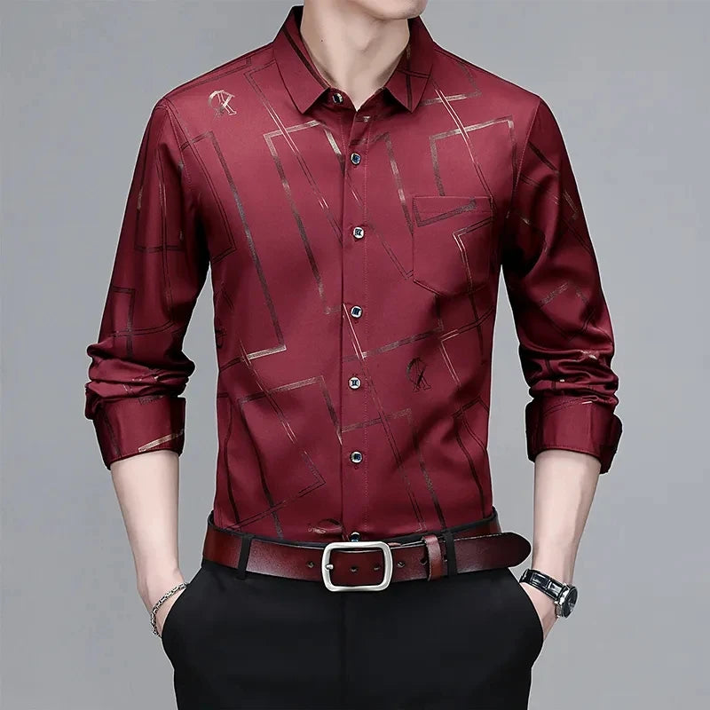 Men's Casual and Fashionable Long Sleeved Printed Shirt Non Ironing and Wrinkle Resistant Business Top