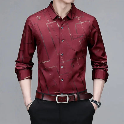 Men's Casual and Fashionable Long Sleeved Printed Shirt Non Ironing and Wrinkle Resistant Business Top