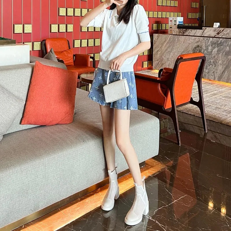 Summer White Hollow Women's Thick Heel High Heel Mesh Boots with Small Short Boots Breathable Thin Style