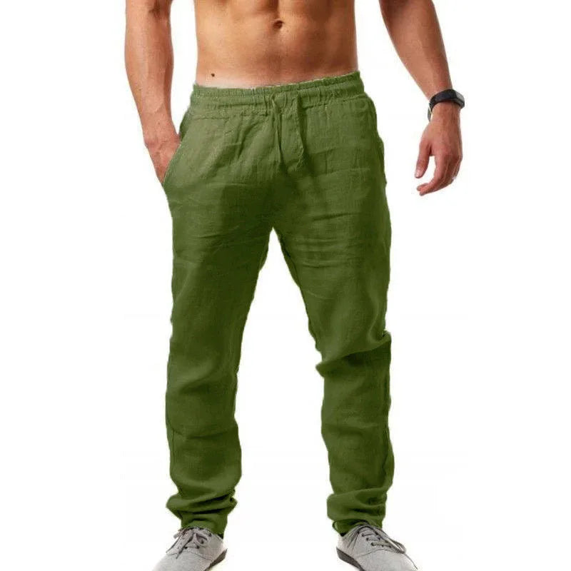 Pantalones largos de lino y algodón para hombre calzas transpirables de Color sólido informales con cintura elástica estilo