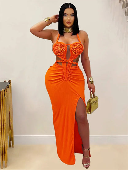 kliou Sexy Knitted Women Maxi Dress Hipster Coquette Halter Lace Up Backless Split Sheath Vestidos Mujer Nightout Party Frock