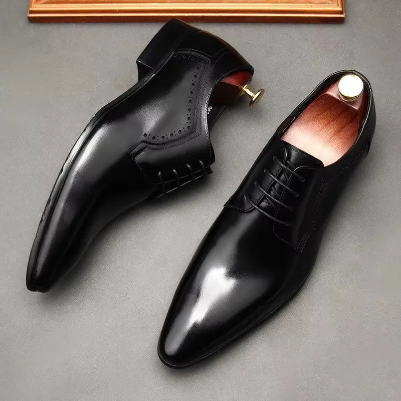 Leather shoes for men, lace up shoes for men, pointy, leather, high-end wedding, dress, Oxford, Lefu shoes, large, British style
