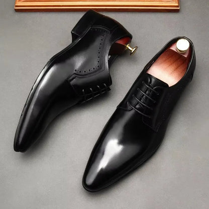 Leather shoes for men, lace up shoes for men, pointy, leather, high-end wedding, dress, Oxford, Lefu shoes, large, British style