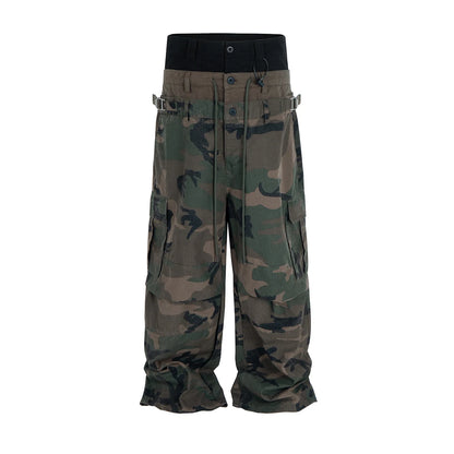 Three Waisted Camouflage Cargo Pants for Men Streetwear Patchwork Baggy Jeans Wide Leg Casual Loose Denim Trousers Oversized