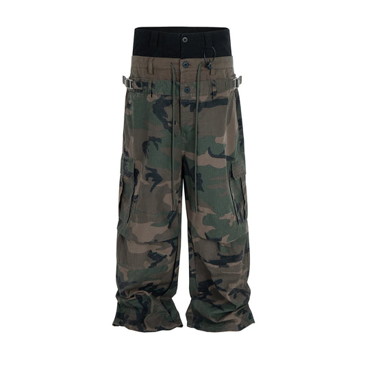 Three Waisted Camouflage Cargo Pants for Men Streetwear Patchwork Baggy Jeans Wide Leg Casual Loose Denim Trousers Oversized