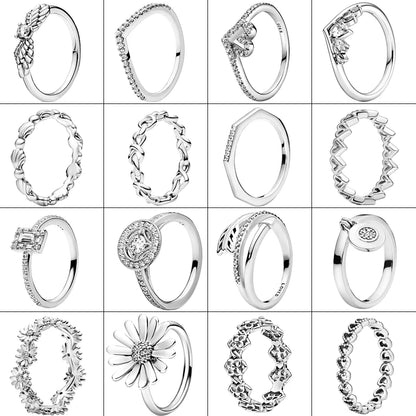 NEW 925 Sterling Silver Rings Sparkling Original Design Women Heart Daisy Flower Wishbone Ring Jewelry Engagement Female Gift