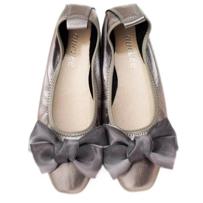 2024 Summer Genuine Leather Bowknot Ballerina Women's Flat Round Toe Comfort Slip-On Ladies Loafers Leather Single Mules Shoes