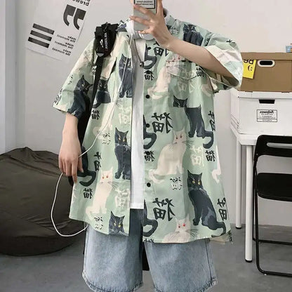 Mens Cute Shirt Black Cats Print Shirts Short Sleeves Summer Lapel Neck Buttons Cartoon Shirt Beachwear Tops Camisa Harajuku Top