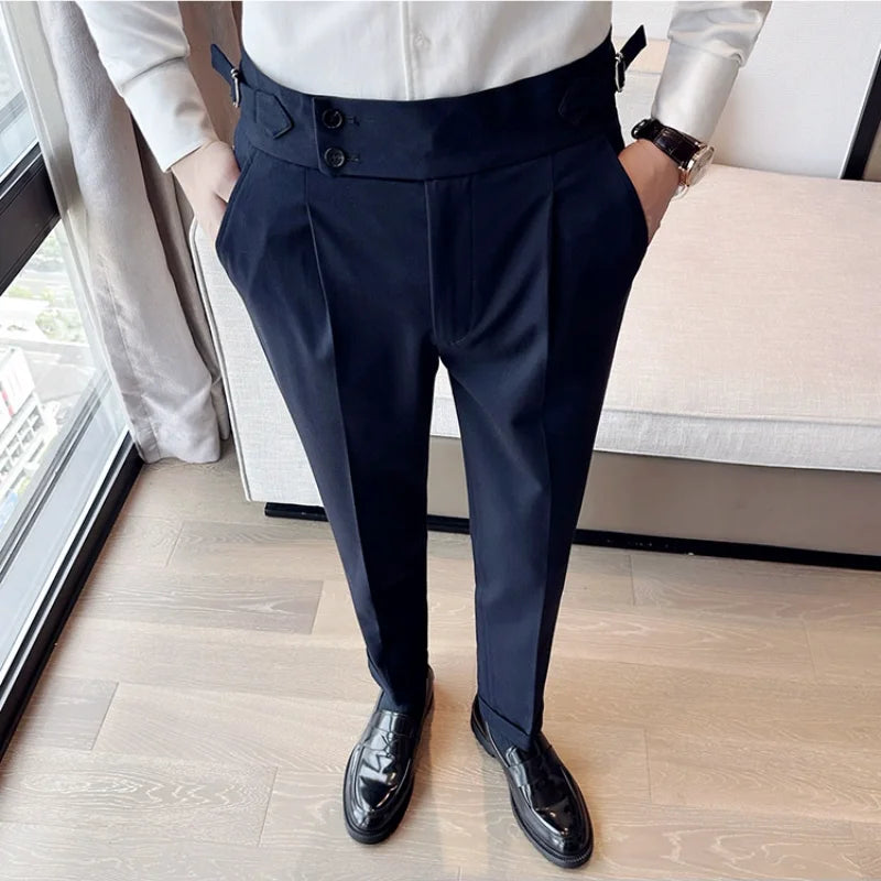 Autumn Winter High Waist Business Dress Pants Men Casual Belt Design Slim Suit Pants Formal Wedding Social Party Male Trousers