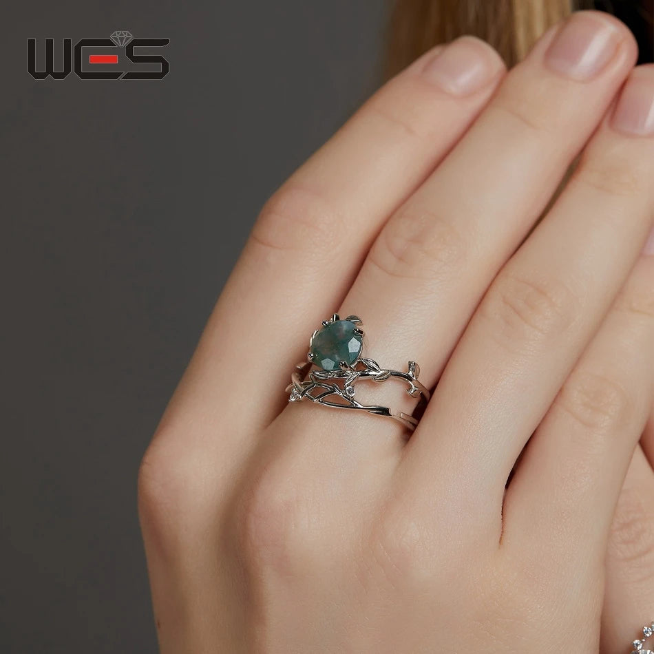 WES 925 Silver Unique Olive Branch Natural Gem 8*8mm Moss Agate Adjustable Ring Sets For Women Wedding Gifts Wholesale Jewelry