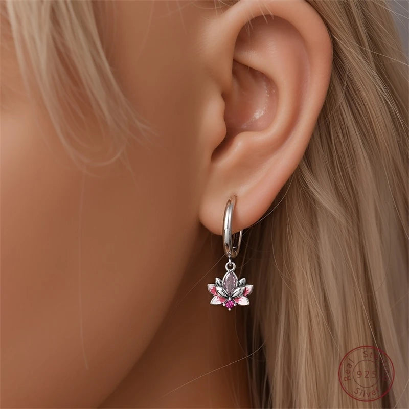 Hot 925 Sterling Silver Earrings Charm Simple Shining Lotus Zircon Wedding Women Jewelry Gift