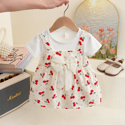 Baby Girl Dresses Summer Cherry Print Bow Short Sleeve Girls Dresses Cute Girls Casual Dresses