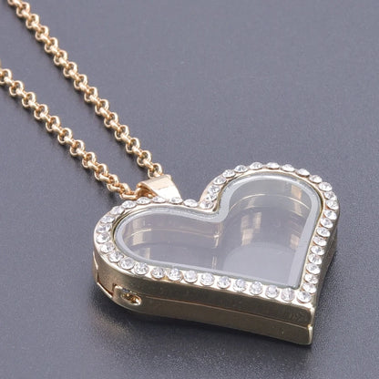Glass Metal Gold Color Heart Round Water Drop Relicario Photo Locket Necklace Rhinestone Floating Charm O-shaped Chains Necklace