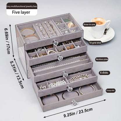 5-layer jewelry box, velvet drawer tray, transparent jewelry storage box, elegant jewelry display box