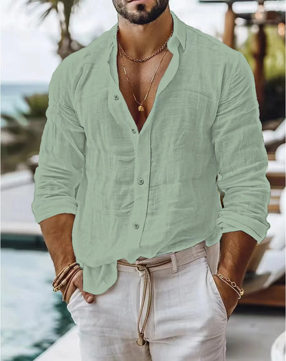 Men Solid Color Cotton Linen Shirt Casual Style Long-sleeved Business Casual Shirt Cross-border Independent Station
