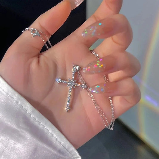 Fashion Pearl Cross Pendant Necklace Hip Hop Retro Women Religious Zircon Chain Necklaces Girls Punk Party Trendy Jewelry Gifts