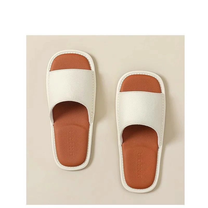 New Genuine Leather Slippers Men Square Open Toe Slides Shoes Home Mute Slippers Man Luxury Top Quality Guest Slipper Cowhide
