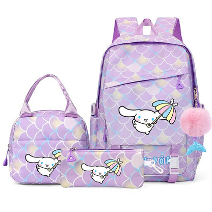 3Pcs Cinnamoroll Fish Scale Kid Backpack With Mermaid Pendant Lunch Girl School Bag Children Schoolbag For Teenage Girls