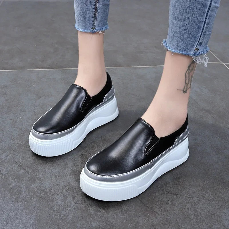Spring Genuine Leather Soft Outsole Work Shoes Female Black Swing Shoes Woman Plus Size Wedges Single Shoes Zapatillas