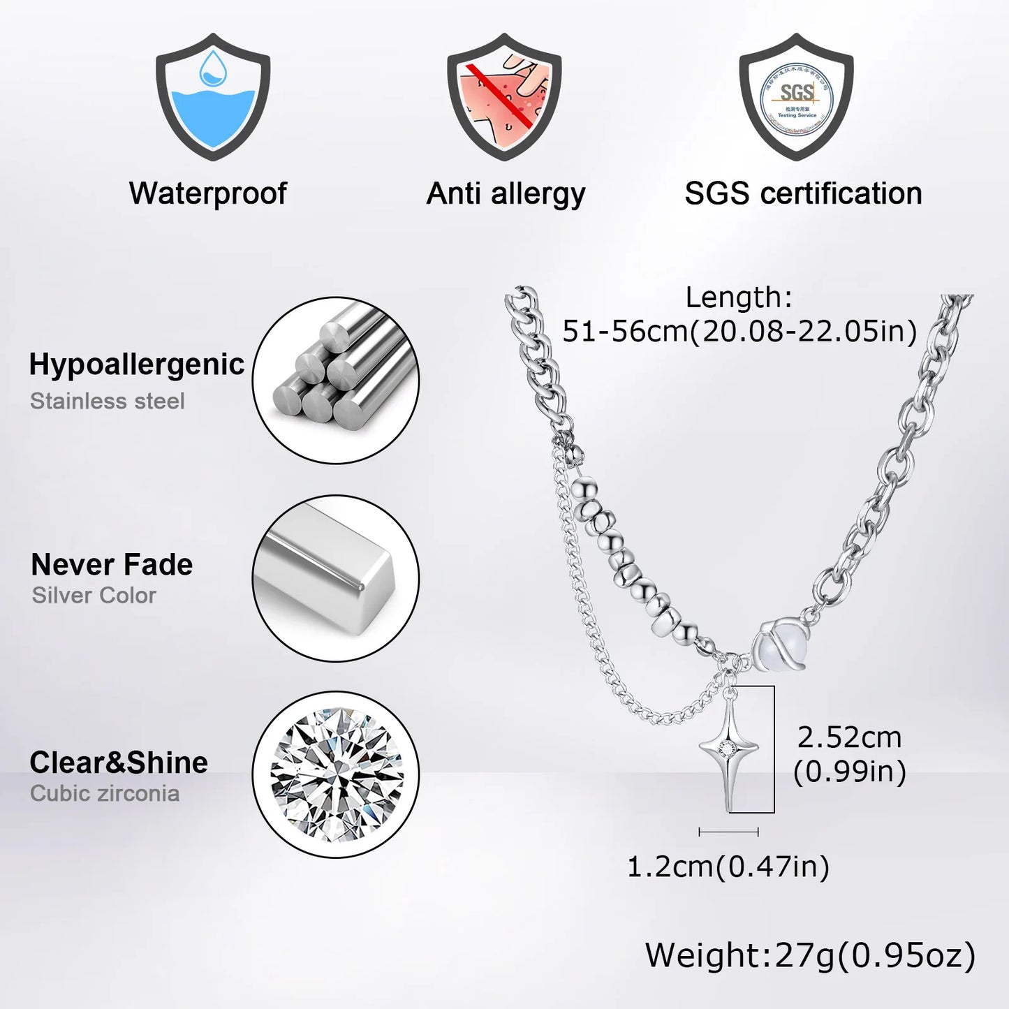 Vnox Unisex Moonstone Cross Necklaces, Four Pointed Star Pendant Necklaces, Men Women Stainless Steel Hip Hop Collar