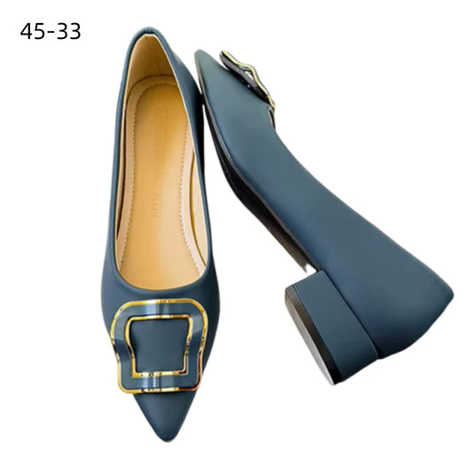 Womens Shoes Super Big Size 45 3cm Block Working Heels Pumps Pointy Toe Microfiber Soft Leather Slip-On Green Royal Blue Newest