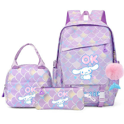 3Pcs Cinnamoroll Fish Scale Kid Backpack With Mermaid Pendant Lunch Girl School Bag Children Schoolbag For Teenage Girls