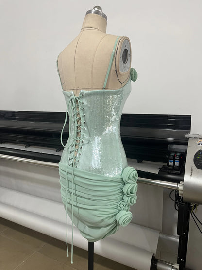 Sexy Spaghetti Strap Backless Prom Dresses for Women Luxury 2025 Summer Sequins Flower Lace-up Pleated Mini Dress Elegant Gowns