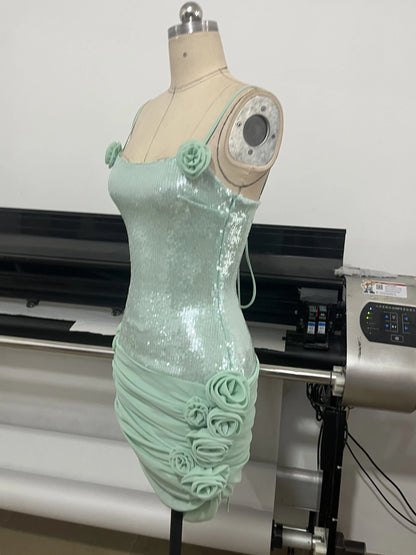 Sexy Spaghetti Strap Backless Prom Dresses for Women Luxury 2025 Summer Sequins Flower Lace-up Pleated Mini Dress Elegant Gowns