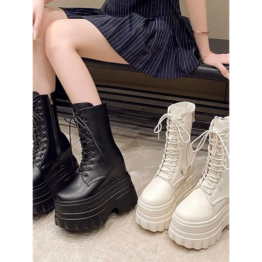 14CM Soft Leather Ankle Mid Calf Boots Winter Autumn High Platform Wedge British Booties Woman  Ladies Chunky Motorcycle Boots