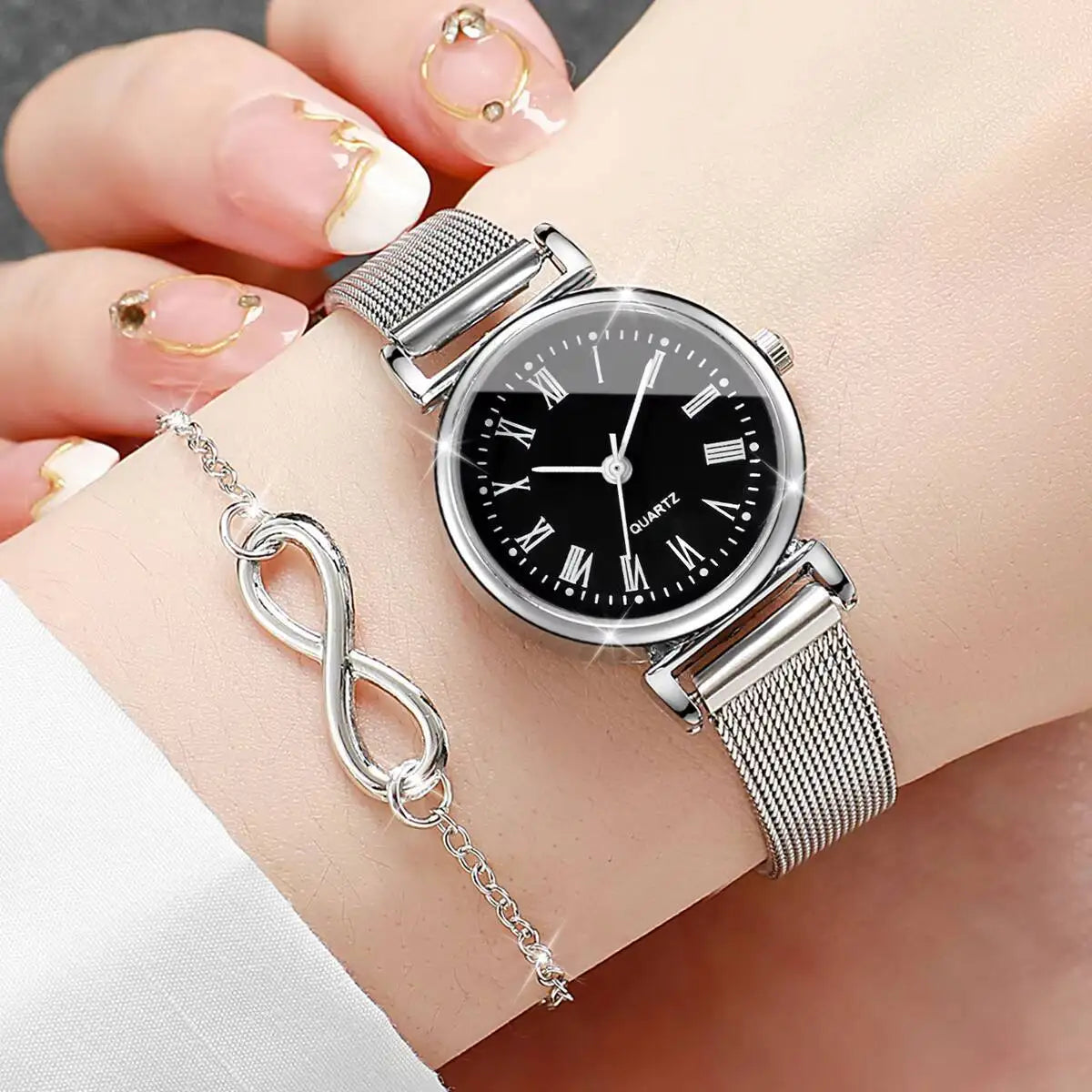 3PCS Fashion Roma Dial Women Watches Silver Mesh Band Quartz Wristwatches Jewelry Set Reloj Mujer（Without Box）