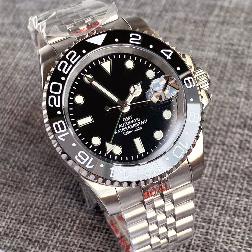 200m Waterproof NH34A Automatic Mechanical Diver Watch for Men GMT Movement Luminous Jubilee Strap Dual Time Glide Lock Buckle