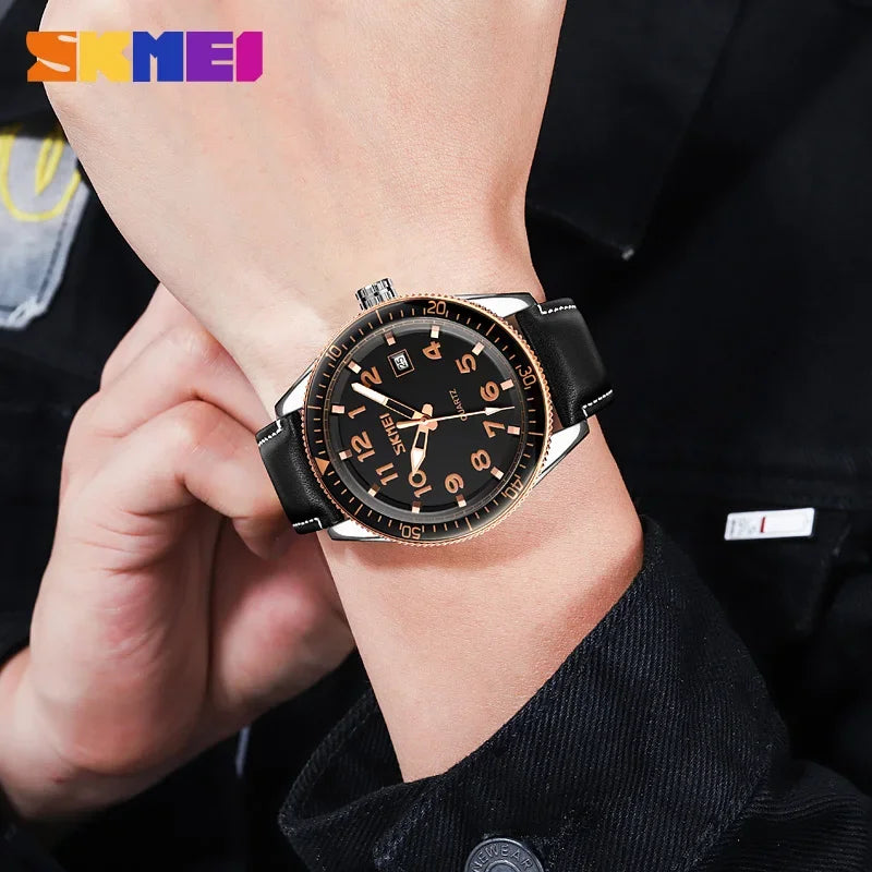 SKMEI 9232 Luxury Simple Sport Waterproof Men Business Mens Quartz Watches Leather Dial Wristwatches Calendar Clock Reloj Hombre