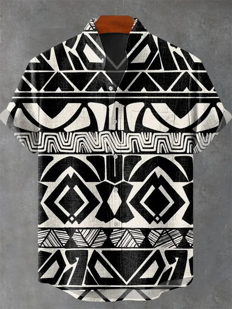 Men's Linen Batik Shirt Retro Short Sleeved Top Fashionable Summer Casual Ethnic Clothing Shirt Plus Size Streetwear