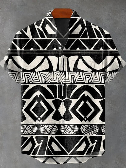 Men's Linen Batik Shirt Retro Short Sleeved Top Fashionable Summer Casual Ethnic Clothing Shirt Plus Size Streetwear